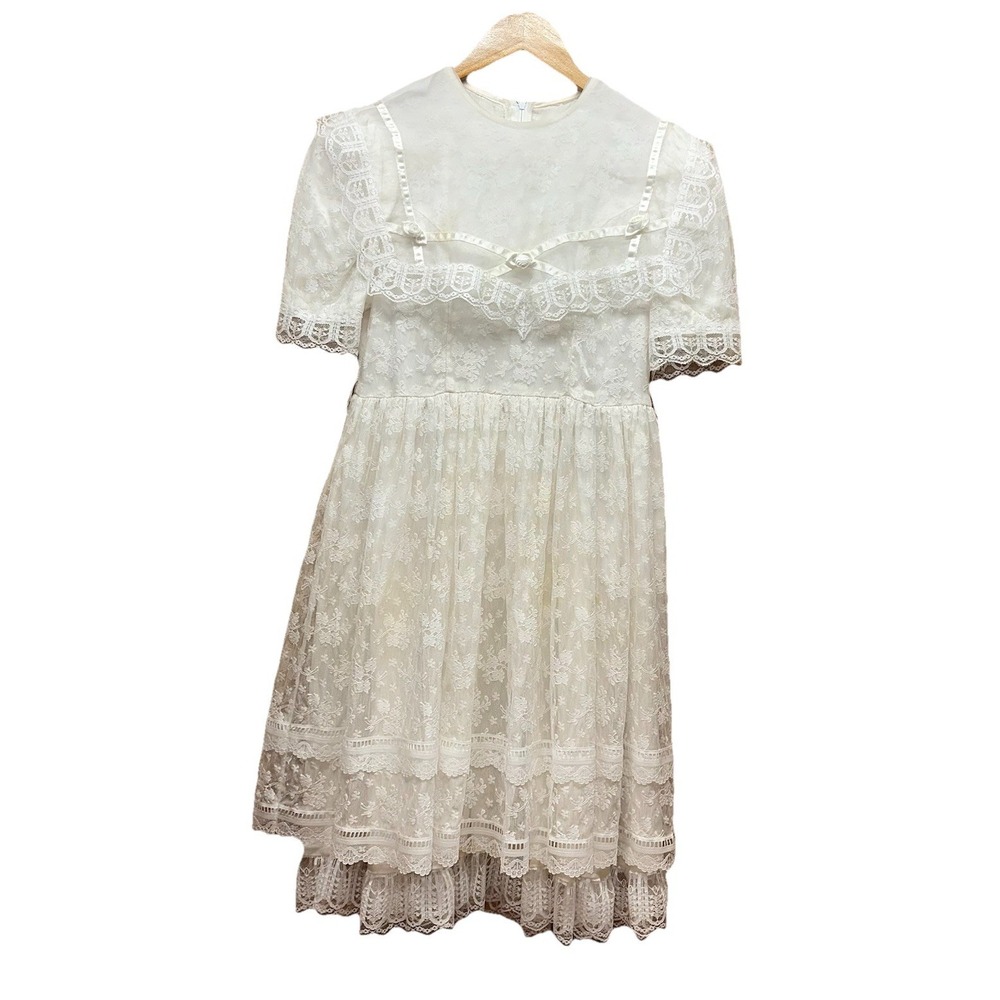 Vtg Gunne Sax Jessica McClintock Ivory Bib Lace Dress Prairie Cottage‎ Girl's 12